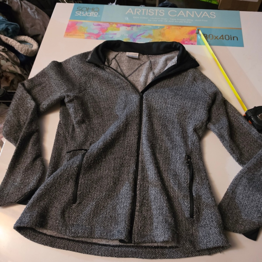 Columbia Womens Grey Herringbone Full Zip Fleece Jacket Mock Neck Size M